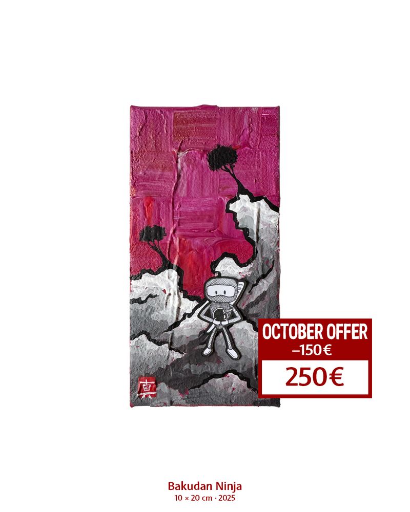 Gemälde. Hintergrund in Pink Violett. In der unteren Hälfte des Bildes befindet sich eine schwarzweiße Felsformation. Zwei schwarze Baumsilhouetten ragen in den Himmel. Ein schwarzweißer Ninja mit einer Bombe in den Händen steht in der Felslandachaft herum.