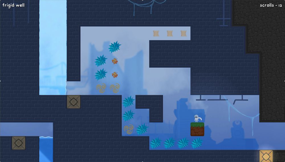 The player stands on an earth block in the middle of the level "Frigid Well", above some spiky ice.