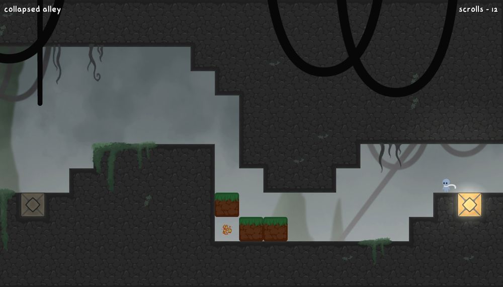A room titled 'Collapsed Alley' near the beginning of the game. Earth blocks lay on the player's path.