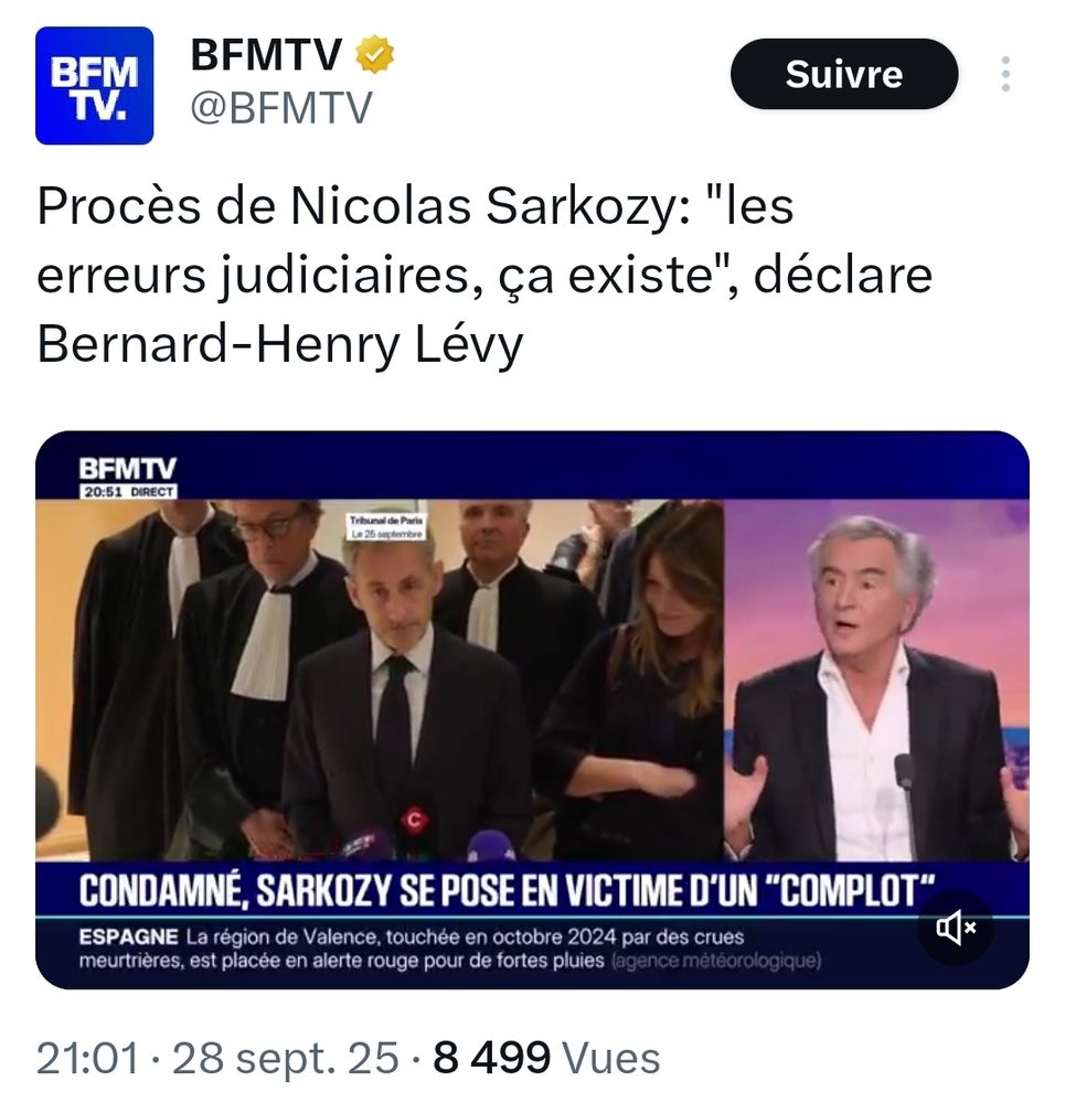 Sur BFM, Bernard-Henry Lévy explique que "les erreurs judiciaires, ça existe" en parlant du procès de Nicolas Sarkozy.