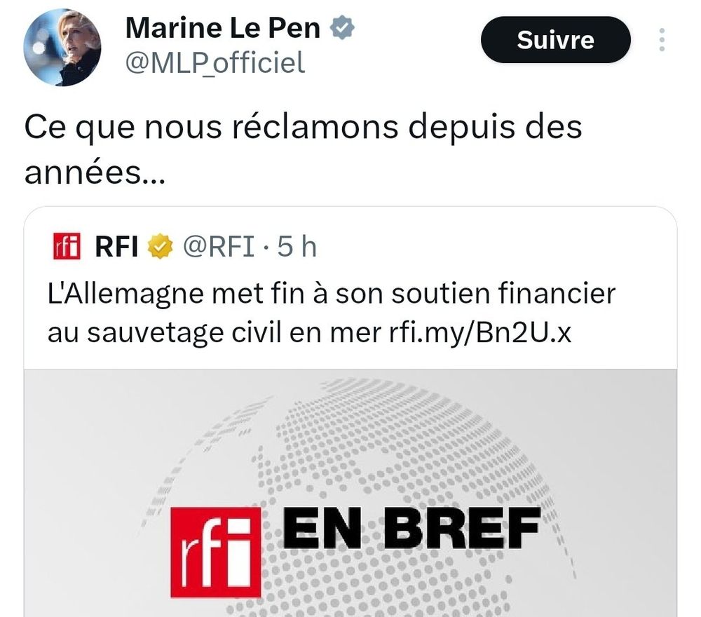 Marine Le Pen répond à la fin du soutien financier allemand au sauvetage civil en mer : "Ce que nous réclamons depuis des années..."