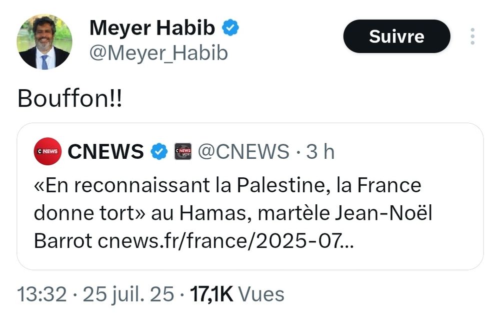 Sur X, Meyer Habib traite le ministre des Affaires étrangères de "bouffon !!"