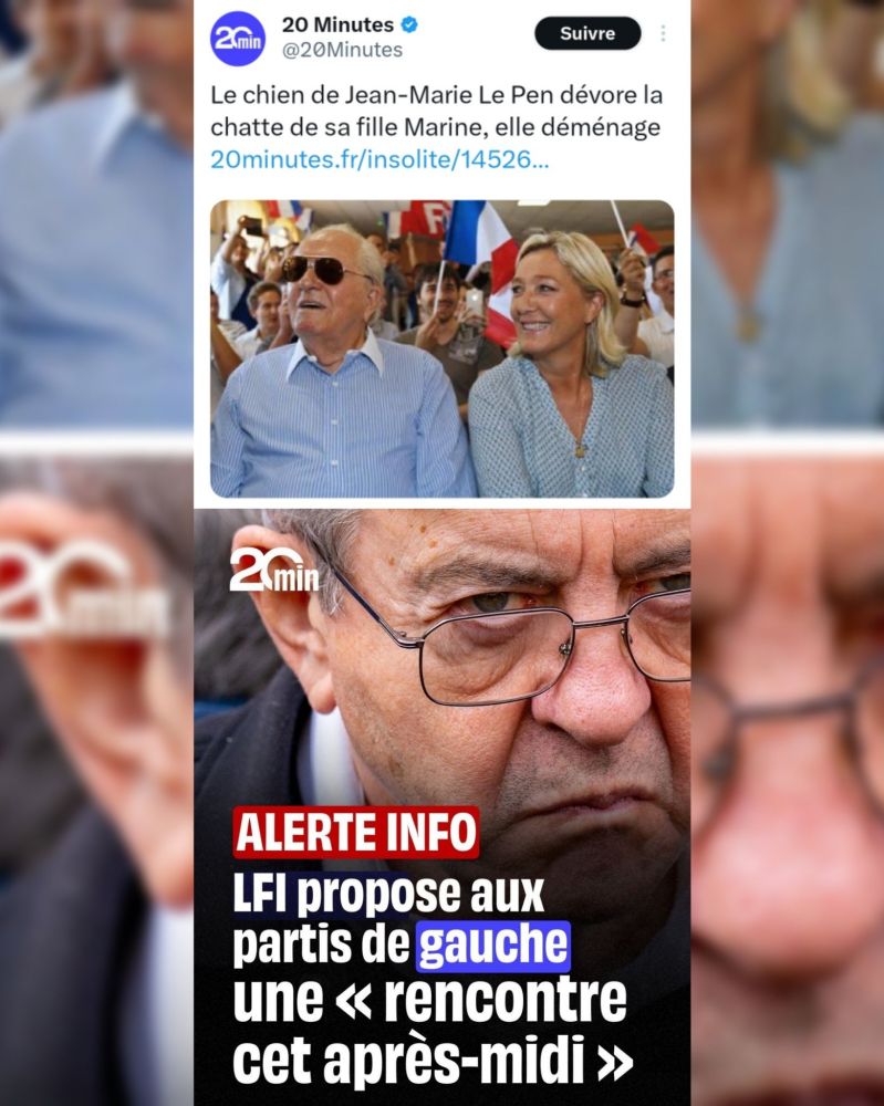 Articles illustrés de 20 minutes avec pour l'un le sourire de Jean-Marie Le Pen et Marine Le Pen, et pour l'autre un Mélenchon diabolisé.