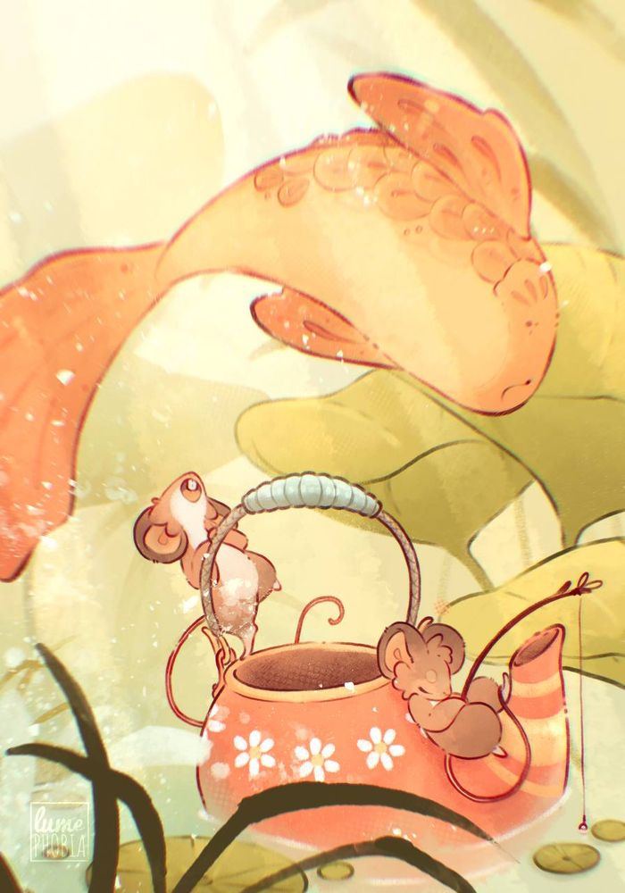 A goldfish jumps over a tea pot which is used as a boat by two mice