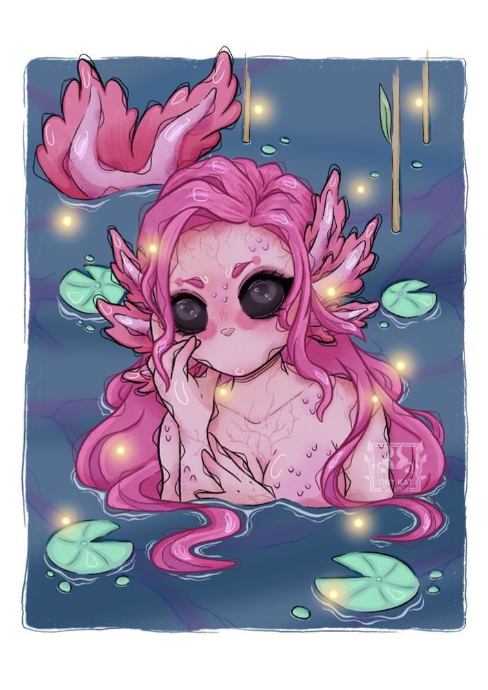 Vibrant but deep coloured pink mermaid with black eyes, the mermaid has ears and a tail like an axolotls external gills. It is a portrait of the upper half of her body above water with her tail fin sticking out above water as well. This is a digital artwork 
