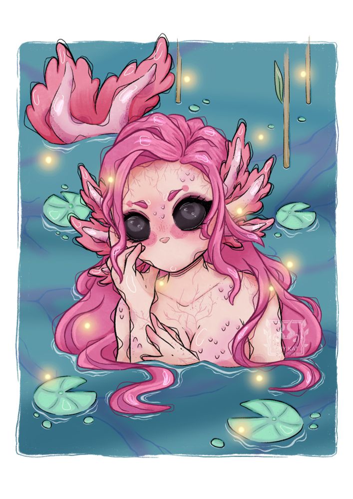 Vibrant coloured pink mermaid with black eyes, the mermaid has ears and a tail like an axolotls external gills. It is a portrait of the upper half of her body above water with her tail fin sticking out above water as well. This is a digital artwork 
