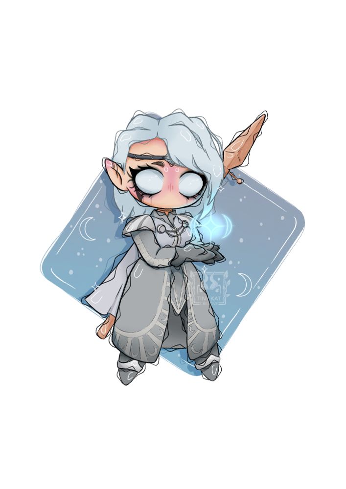 A digital artwork of the Baldur’s Gate 3 cleric Isobel. She’s drawn in a cute alternative chibi style. She is drawn with short silver hair and eyes, in a grey robe and wearing a head piece across her forehead . She is casting the light spell seen in the game during act 2