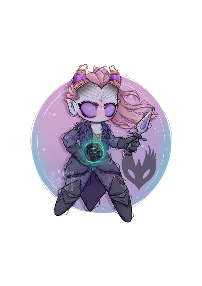 A digital artwork in chibi style of a qunari “Rook” from Dragon Age The Veilguard video game.
She has long pink hair in a pony, with purple eyes and pale blue skin. She’s in an out representing the Crow faction in the game, with feathers and blue leather. The character is in a defensive pose ready to use spells and daggers as a spellblade mage 
