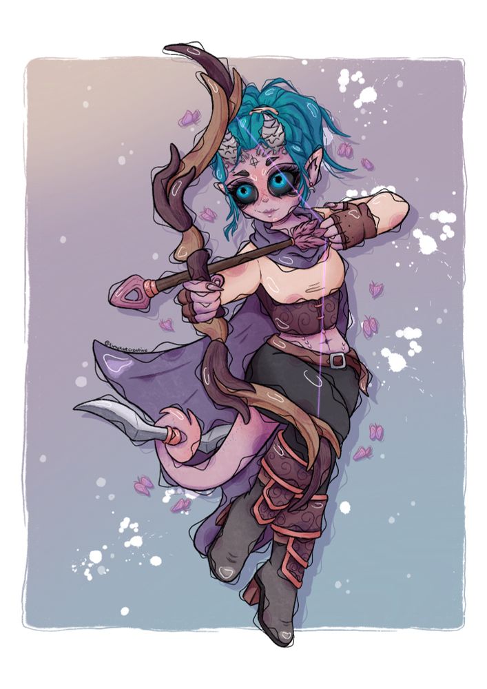 A digital artwork of a pinky/purple tiefling woman with blue hair and blue eyes (with black sclera) in an action pose pulling a bow and arrow. Her tail is holding a double sided dagger with a cape flowing behind her. There are small pink moths around her to represent her dungeons and dragons class - a swarmkeeper ranger.