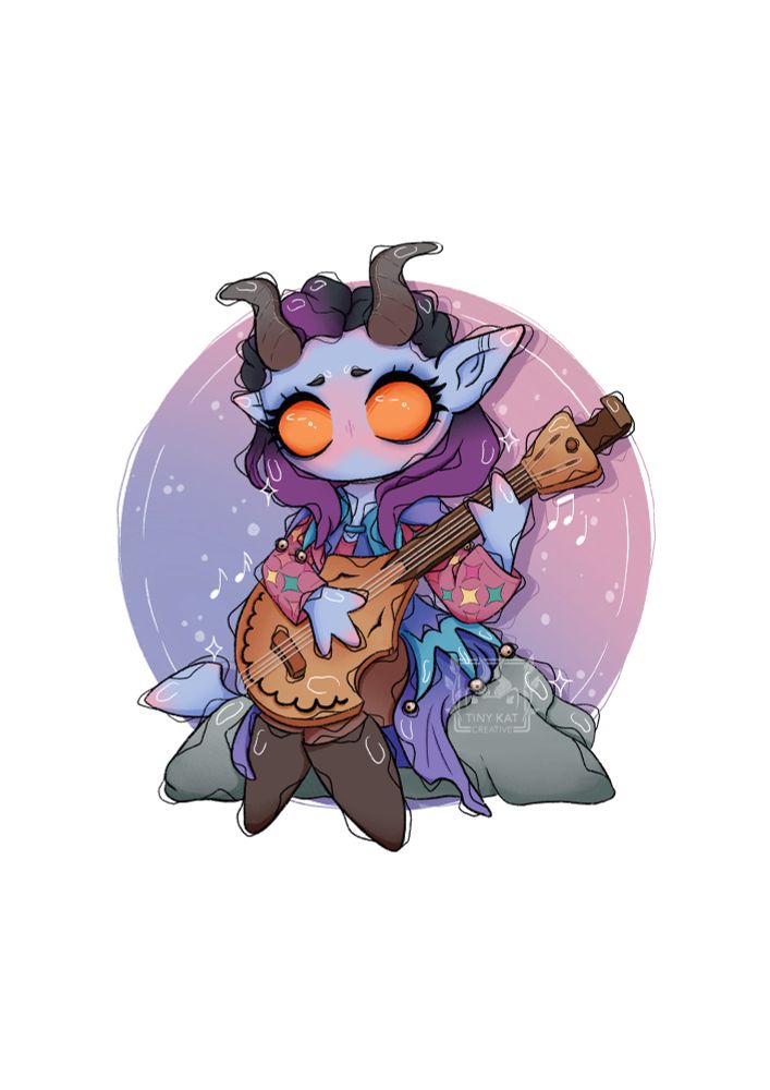 A digital artwork of the tiefling character Alfira from video game Baldurs Gate 3, in a spooky cute chibi style. She has blue skin with black and purple hair, with long brown horns. She’s in a sitting position on a boulder playing a decorated lute. Her outfit is similar to a jester with a pink shirt and bells. Her eyes are orange - no pupil or sclera - and add to the creepy cute vibes of the artwork 
