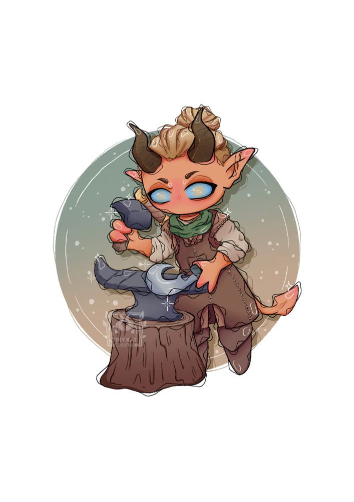 A cute style chibi digital artwork of the tiefling character Dammon in BG3 video game. Wearing a blacksmith apron and holding a hammer and sickle. Orange skin colour, brown horns and blonde hair with bright blue/yellow eyes (no sclera). There is anvil on a tree stump with the character in a working pose