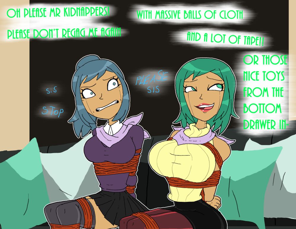 Dee and Vee bound up in their livingroom, their gags loosened. Vee calling out to the thief for a complete kinky experience with Dee ABSOLUTELY not a fan of her sister atm.