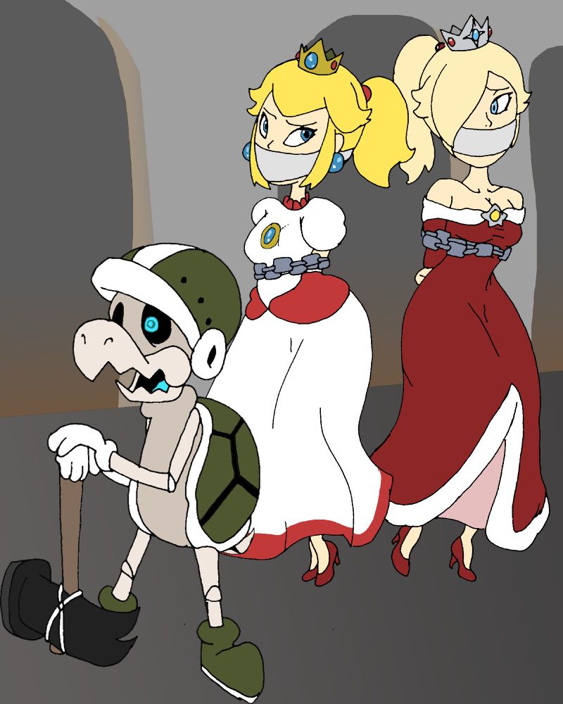 The ORIGINAL version of the pic, featuring Princess Peach and Rosalina in their Fire forms, but bound in chains and gagged with some cloth.
The Hammer Bro/Dry Bones fusion standing in a pose like a guard.