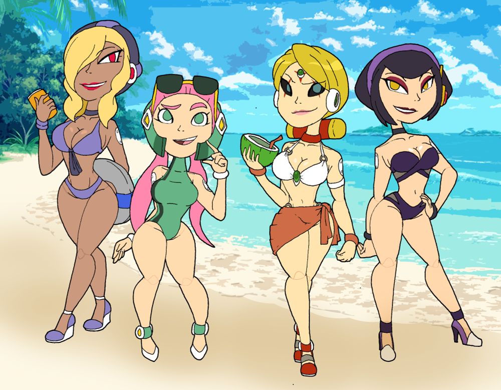 Rebel Maverick Reploid group The Sirens and Sigmalia; all enjoing a beach trip.
From Left to Right: Troja, Malware, Sigmalia, and Torrent.