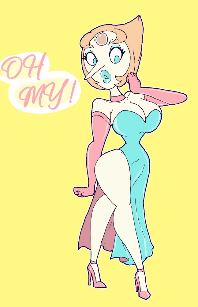 Pearl from Steven Universe, with her form having been altered to an absolute bombshell of gal; her curves accentuated by her high-leg cut strapless mermaid dress in a soft cyan, matching her new plump lips.
She's also adorned in a soft pick with her long, arm-length gloves, high heels, and choaker.