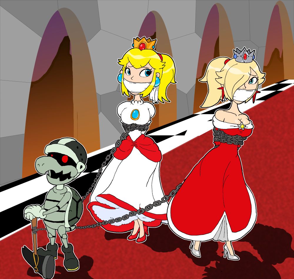 A gagged and captured duo of Fire Princess Peach and Rosalina being led through the castle halls in chains, led by an undead Dry Bones/Hammer Bro. fusion.
The halls remain lit, with a subltle glow of the molten lava outside the fortress.