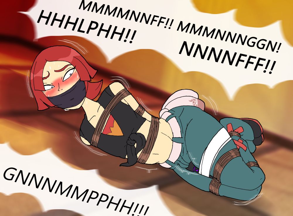 Charlie, Pokemon Trainer and Crossdressed, tied up, OTM gagged, and lying on the floor, all while crossplaying as Hoenn's Flannery. A vibrator tightly taped to his leg and pressed up to his bulge.

His face flustered and absolutely panicking, as he yells his lungs out.
