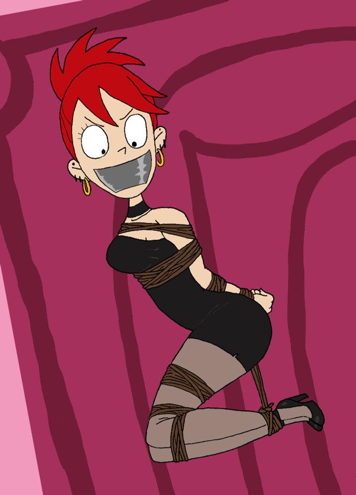 Frankie Foster snuggly hogtied and gagged in her infamous "little black dress", laying of the floor.
Cant go wrong with a tape gag in this alt!