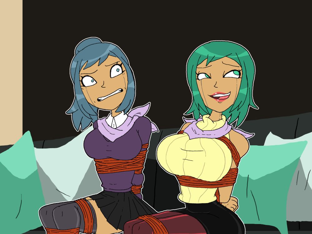 Dee and Vee bound up in their livingroom, their gags loosened.
No dialogue but their expressions show Vee's sexual longing and Dee's frustration.