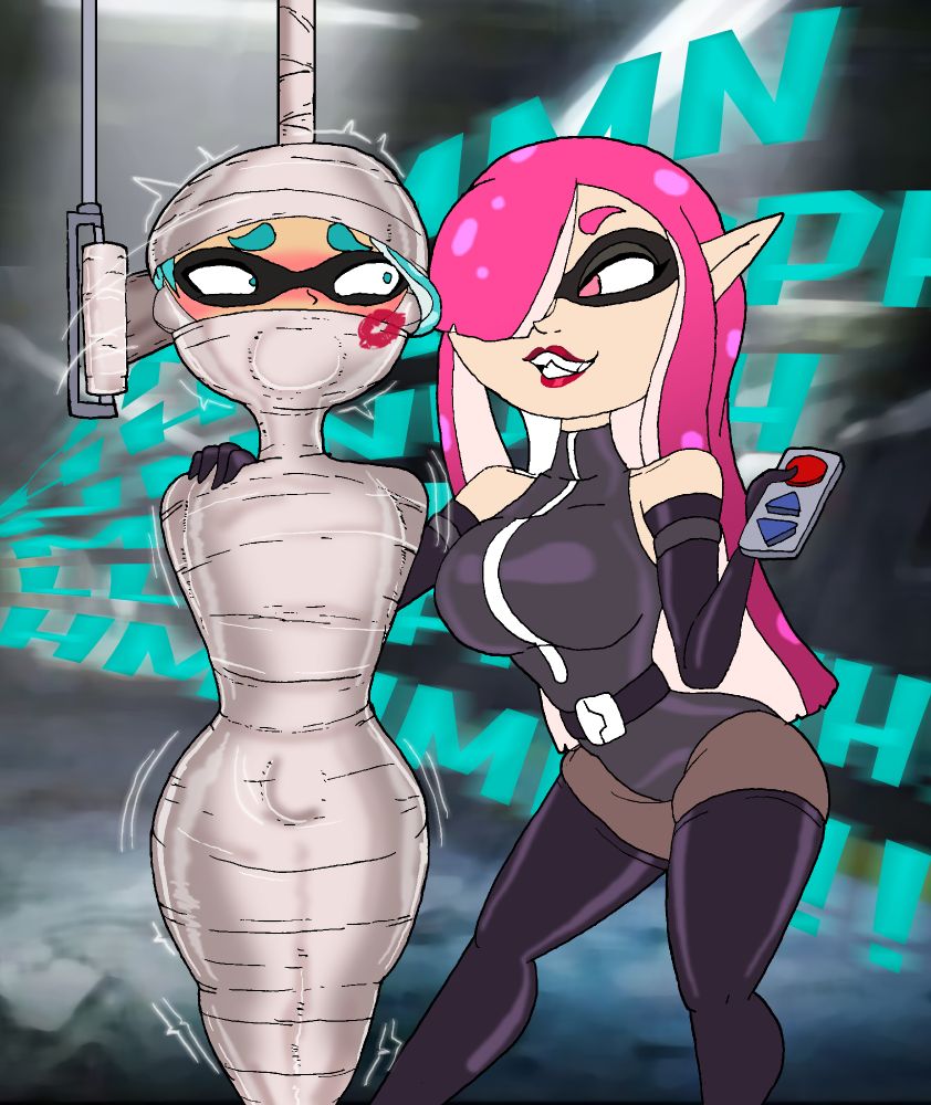 Agent Magenta teasing a helpless Skye, as the auto-wrapping machine continues to mummify the Inkling young man up.