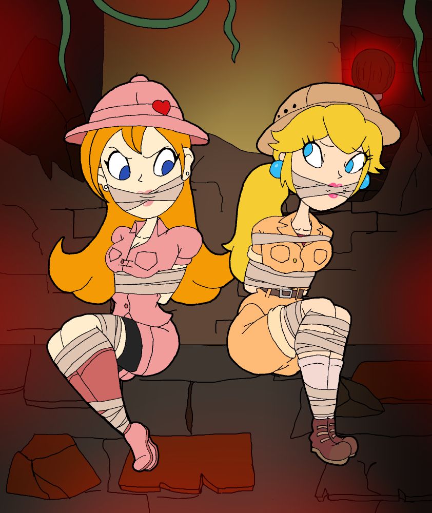 Warioware's Mona and Princess Peach, both in explorer outfits, bound, and gagged with bandages in some ruins.