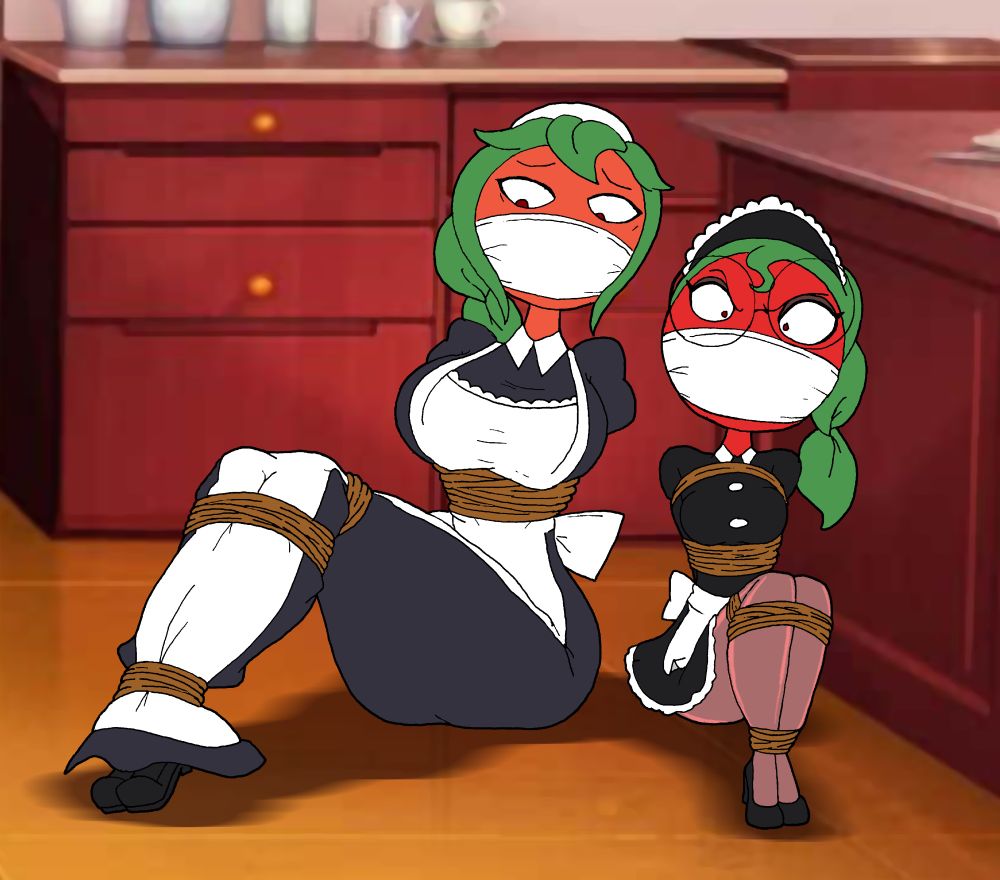 Tomaido sisters Tomaddie and Tomary, tied up and gagged within the confines of the kitchen floor.