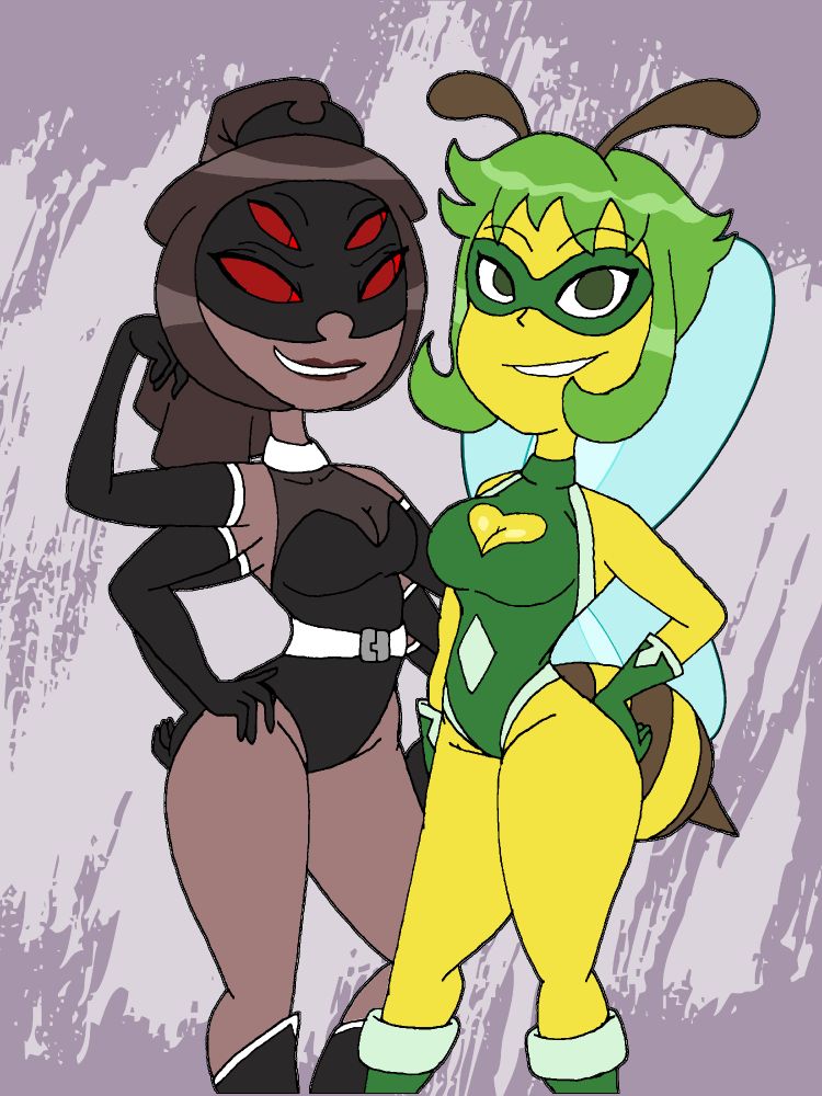 Bug heroines Arachnae and @Leozentos' Green Stinger, posing together.