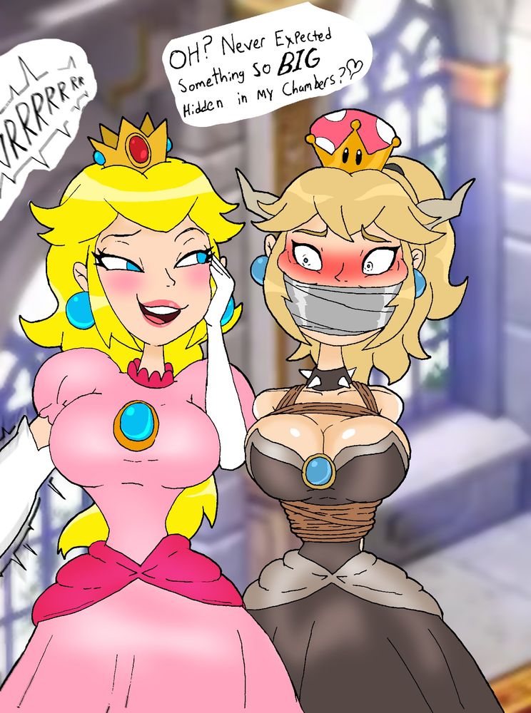 Princess Peach, coyly teasing a now nervous and flustered Bowsette, sa she holds something off-screen. Bowsette is also gagged and tied up, making it worse for her.
SMRPG fans get the joke