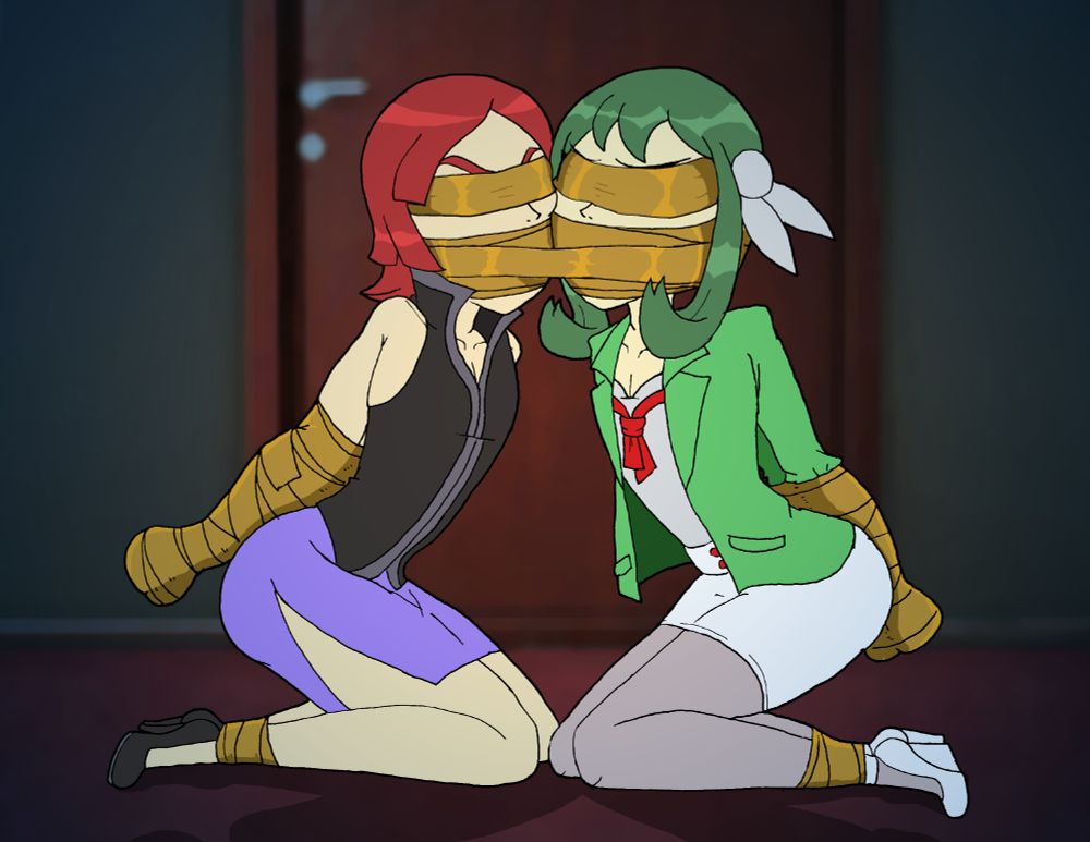 Alternate take of Charlie, crossplaying as FRLG/Gen 3 lorelei, and Angel, both taped up together and with hands trapped in the adhesive.
Both blindfolded but their mood remains the same.