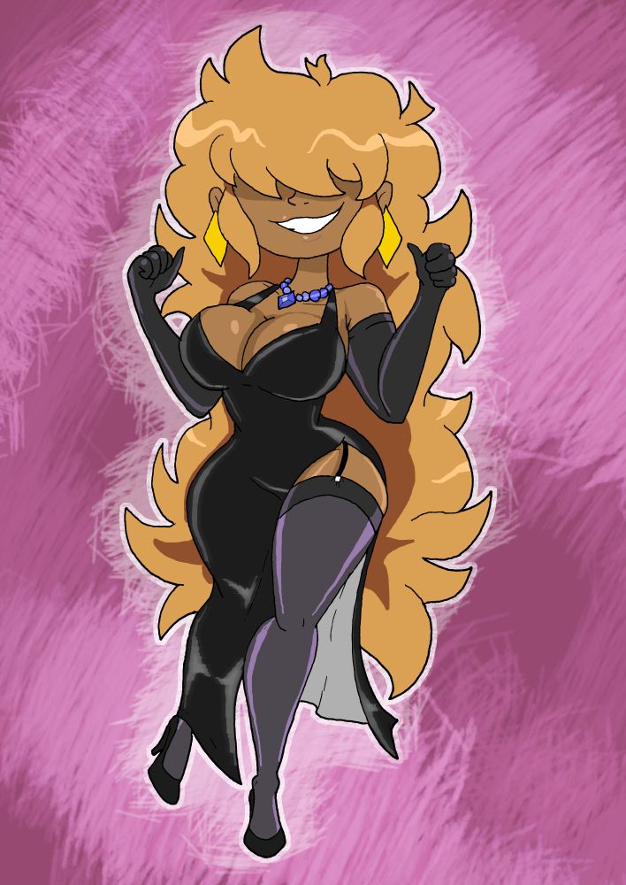 JumboSkeptical21's Clarabel, dressed in a fancy yet revealing black dress. her messy, wild hair works with the sleek, elegant dress.