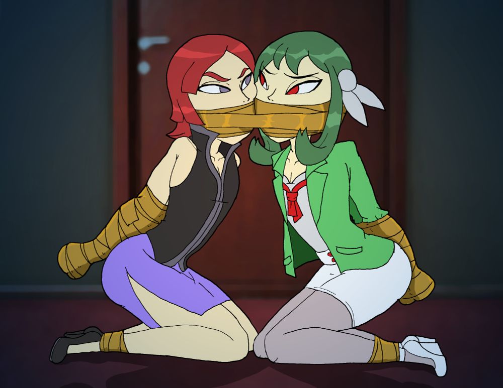 Charlie, crossplaying as FRLG/Gen 3 lorelei, and Angel, both taped up together and with hands trapped in the adhesive.
Theyre not too fond of the situation.