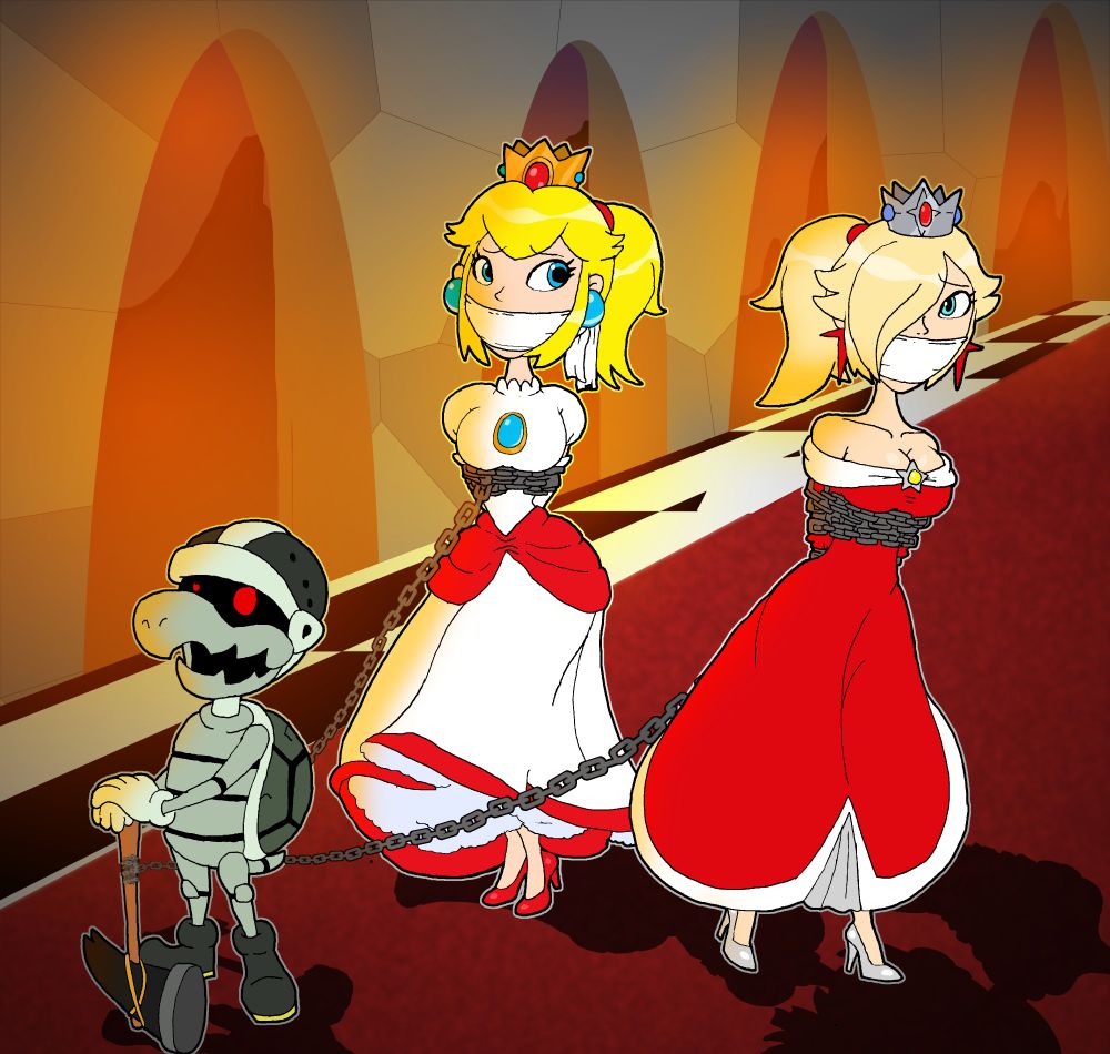 A gagged and captured duo of Fire Princess Peach and Rosalina being led through the castle halls in chains, led by an undead Dry Bones/Hammer Bro. fusion.
The heat glow of the lava can be seen.