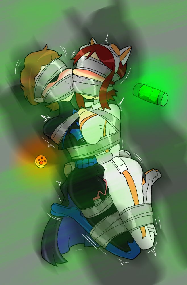 Batboy and Calico, both tightly taped together and left under the effects of pheromones. Both sharing a vibe thats taped to batboy, heavily gagged and blindfoded.
No dialogue on this version.