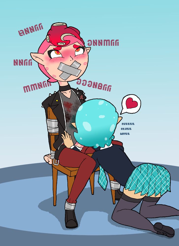 Splatoon OC couple Skye and @msconniensfw's Ollie, partaking in some lewd bonding and bondage~
The punk Octoling is taped up to a chair and gagged, gagged moans of pleasure escape as the Inkling femboy goes in for a blowjob.