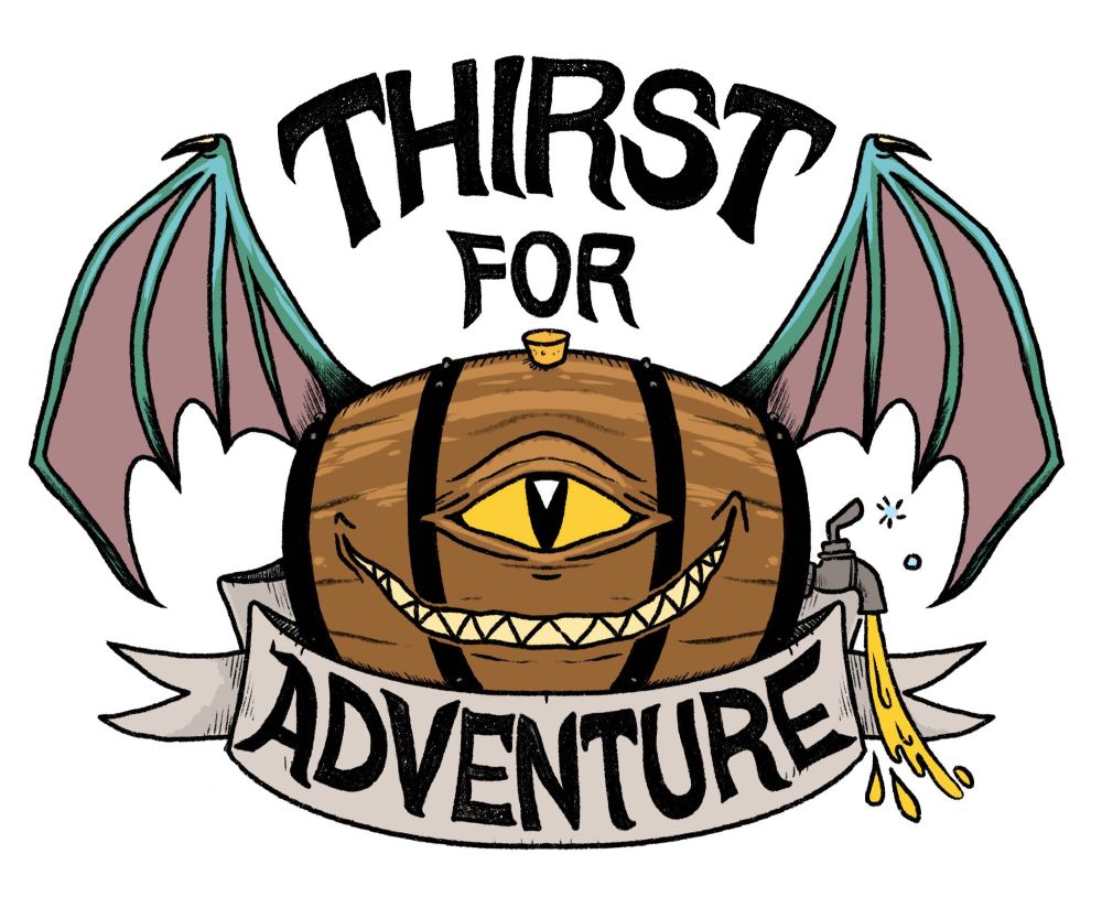 it's a color logo for the actual-play comedy live show Thirst For Adventure, monthly at the Lincoln Lodge in Chicago :3 it's a one-eyed winged barrel mimic with a nasty lil grin, it has a spout on the side and beer is flowing out. would YOU drink the juice?