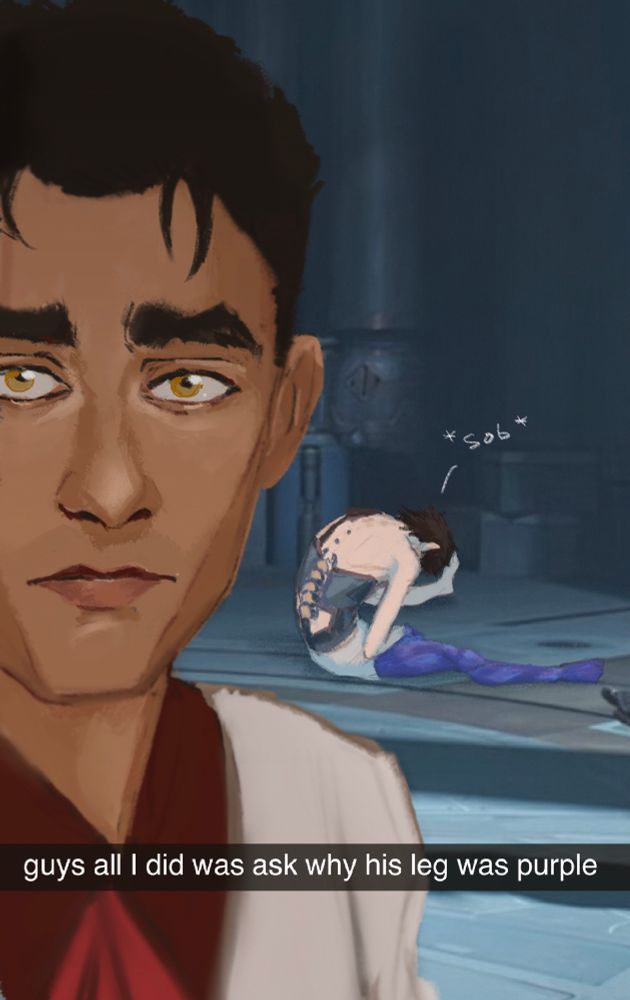 digital art of Jayce Talis (arcane) taking an instagram stories selfie in the lab with viktor crying in the background, captioned “guys all I did was ask why his leg was purple”