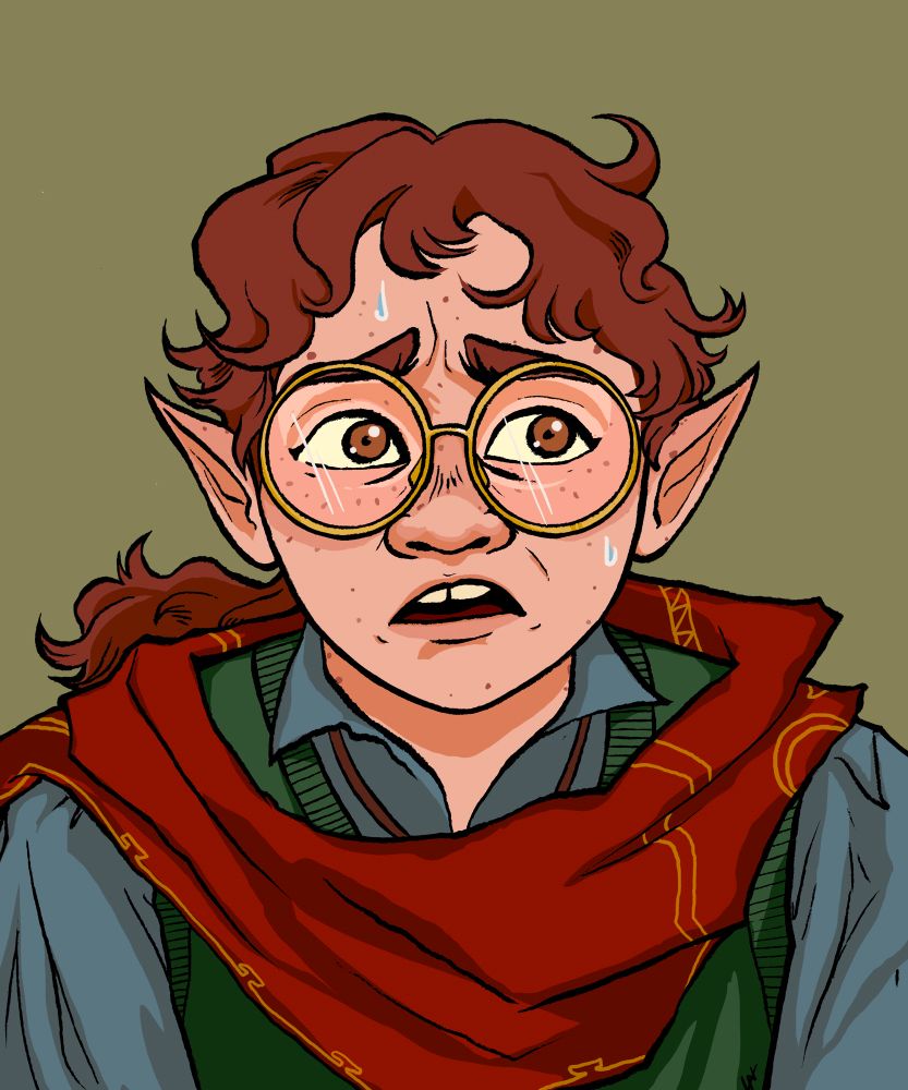 digital drawing of a very nervous bespectacled halfling with a bushy ponytail