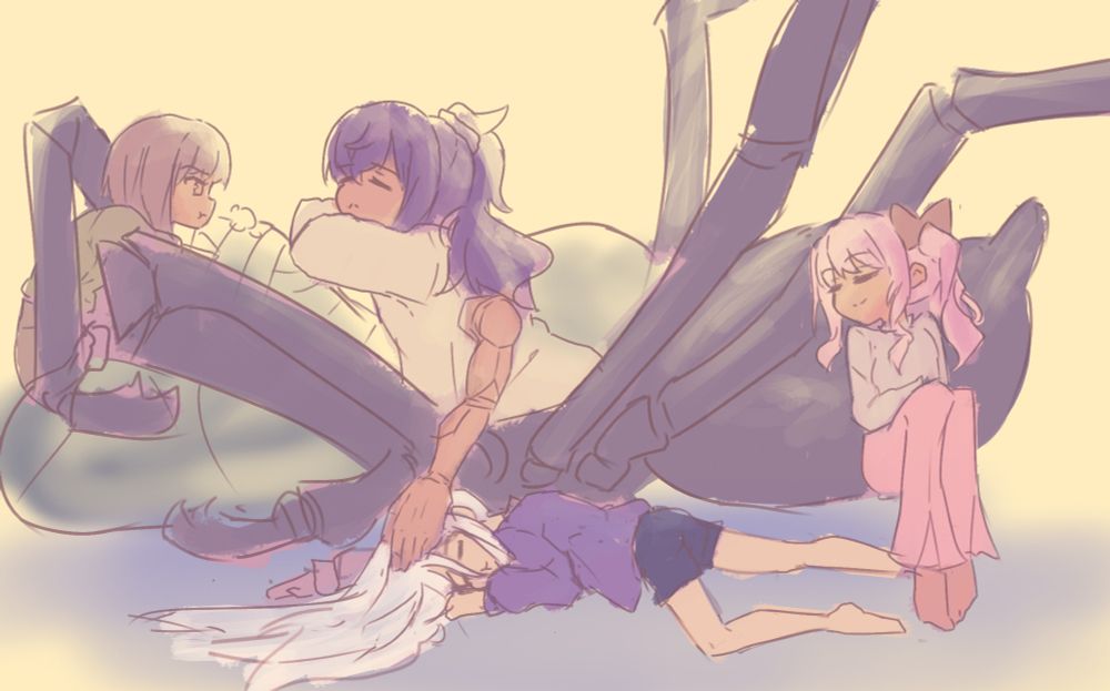 a colored sketch of mafuyu with a spider body sleeping along with mizuki and kanade, with ena waiting impatiently to get unstuck from the web ball that mafuyu is using as a pillow