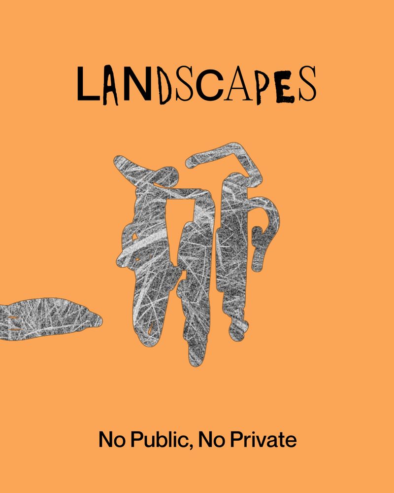 Two images on muted orange backgrounds. 1: A black-and-white abstract shape containing a photo of grass, with the word "Landscapes" in varied letterforms at the top and text at the bottom reading "No Public, No Private." 2: Black text reads: “No Privacy, No Public,” the second issue of Landscapes, guest edited by Dan S. Wang. It explores the collapse of public and private spheres in the U.S. and asks if this moment can reinvigorate our imaginations of government. A Blade of Grass logo appears.