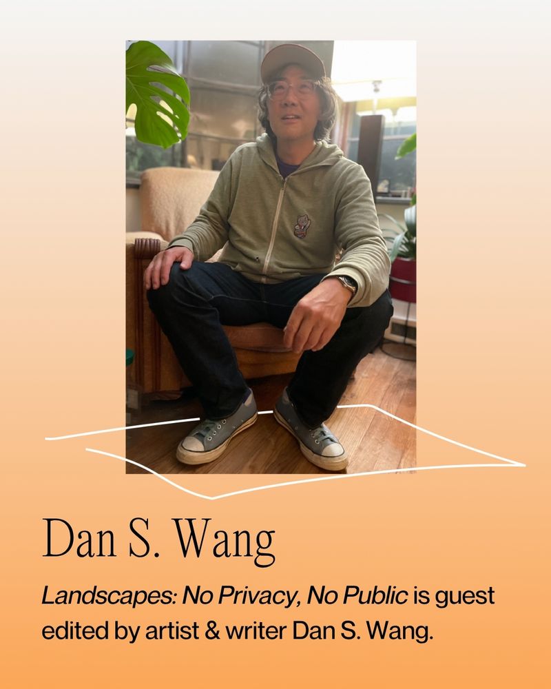 An orange-to-white gradient background with a photo of Dan S. Wang seated, wearing a baseball cap, sage green sweatshirt, dark pants, and gray high-top sneakers. Black text reads: “Dan S. Wang” and “Landscapes: No Privacy, No Public is guest edited by artist & writer Dan S. Wang.” A light white background with two quotes about public/private collapse and rethinking government under Trump 2.0. Orange lines and Dan’s name appear below the quotes.