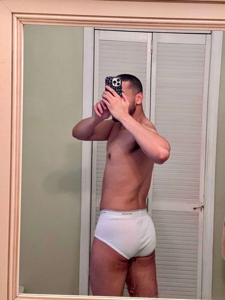 Bathroom selfie of the back of my body in white fruit of the loom briefs