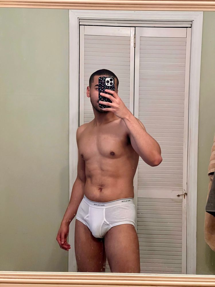 Bathroom mirror selfie of the front of my body in white fruit of the loom briefs