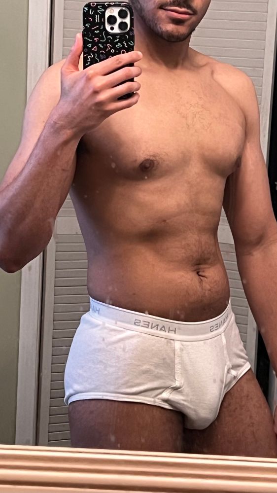 Body picture in the mirror wearing white hanes briefs