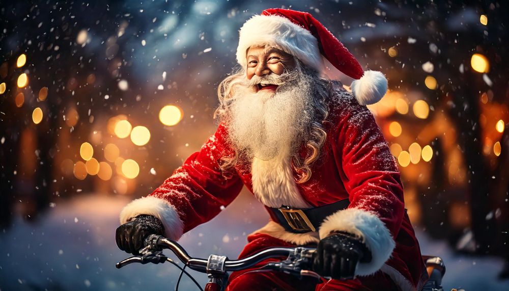 The image depicts a cheerful Santa Claus dressed in his classic red suit with white fur trim and a red hat with a fluffy white pom-pom. He is riding a bicycle through a snowy, festive scene. Snowflakes are gently falling around him, and warm, glowing Christmas lights create a cozy and magical atmosphere in the background. Santa’s face is lit up with a joyful smile, embodying the holiday spirit.