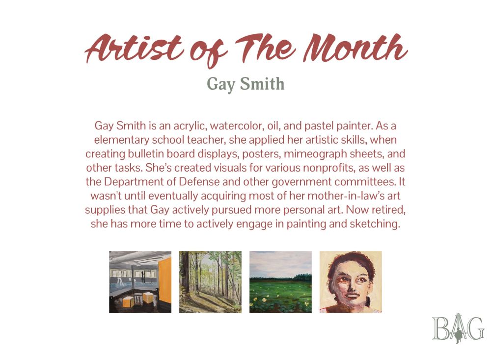 Brockport Artists’ Guild’s September 2025 Artist of The Month is Gay Smith! Gay Smith is an acrylic, watercolor, oil, and pastel painter. As a elementary school teacher, she applied her artistic skills, when creating bulletin board displays, posters, mimeograph sheets, and other tasks. She’s created visuals for various nonprofits, as well as the Department of Defense and other government committees. It wasn’t until eventually acquiring most of her mother-in-law’s art supplies that Gay actively pursued more personal art. Now retired, she has more time to actively engage in painting and sketching.

brockportartistsguild.org/gaysmith
