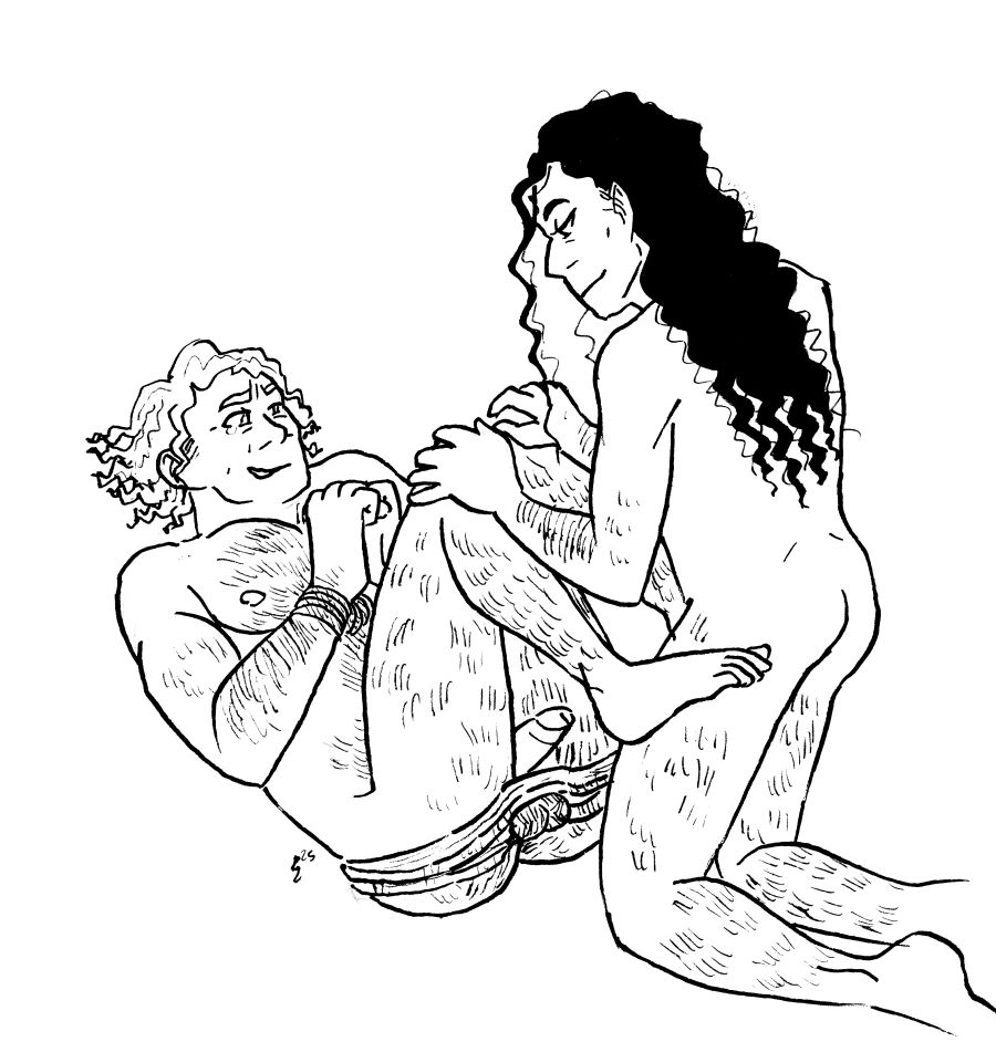 Gallus, a twunk with short light hair lays on his back with his hands tied with rope so they perch on his chest. His knees are up to make room for a humbler, a cbt device made of two long pieces of wood that pinch his scrotum above the balls. If he lowers his legs, it will bump the ends of the humbler, pulling his balls further from his body. Agrippa, a slender man with long dark curly hair, kneels in front of Gallus, his hands on Gallus's knees as if to threaten to pull them down and thus tug the humbler. Agrippa smiles serenely, while Gallus grins in pleasure-pain, tears in his eyes.