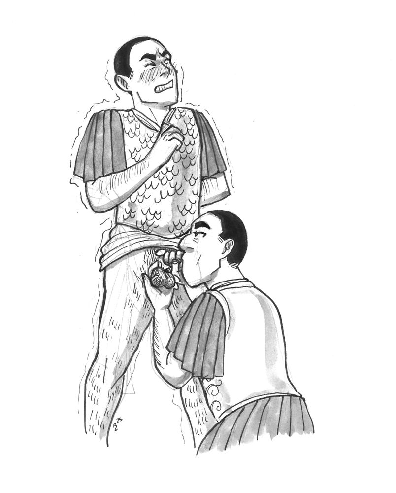 Evandrus, a young adult with short dark hair, stands at attention with one arm behind his back and one fist against his chest. He's wearing his scale armor except for the leather skirt, the edge of his tunic pushed up so Justinian, a slightly older adult also with short dark hair, can suck his cock and play with his balls. Evandrus has his eyes shut and teeth gritted, shaking while Justinian watches him