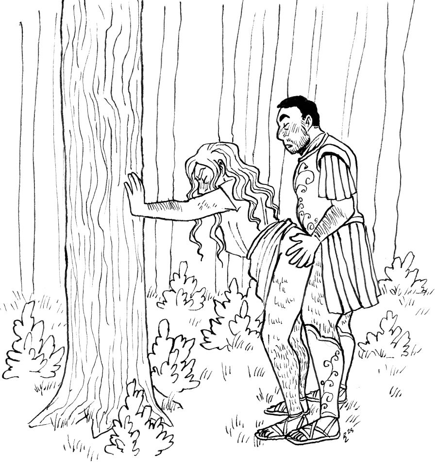 Ruadan, a man with long, light wavy hair, stands and braces his hands on the trunk of a tree while Justinian, a bearded man with short dark hair, fucks him from behind. They are both still mostly dressed, the hem of Ruadan's tunic pulled up and the pieces of Justinian's leather armor skirt pulled aside. They are surrounded by trees and shrubs.