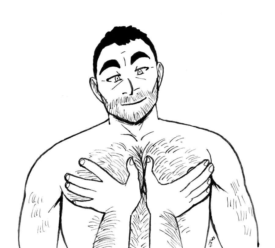 Justinian is shirtless, smiling and amused as two hands come up to squeeze his hairy ample pecs