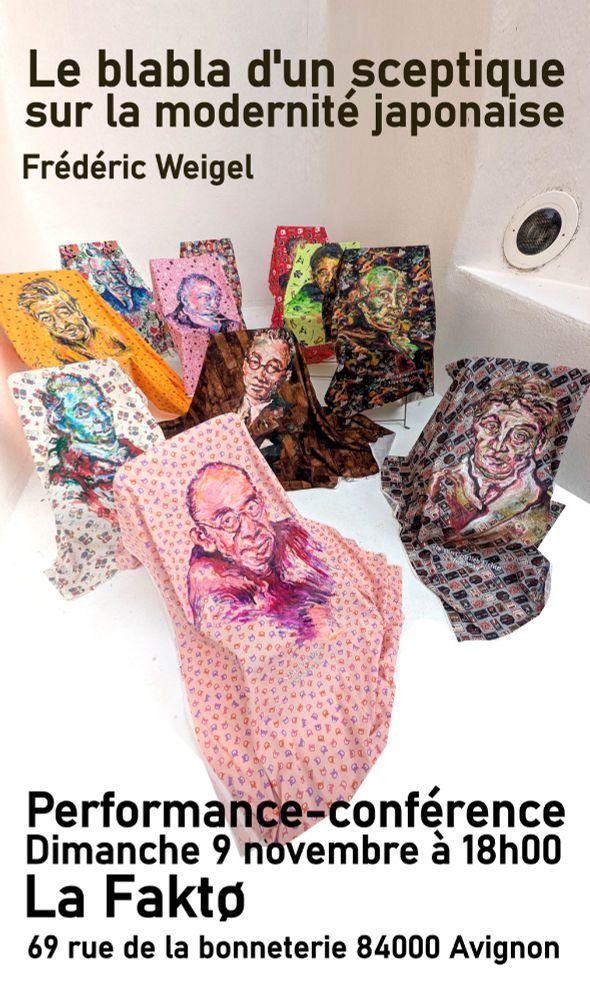 "Le blabla d’un sceptique sur la modernité japonaise", à la Faktø, dimanches a 18h.
Entrée libre

"Avec un ensemble de portraits peints sur toile, posés sur des chaises, Frédéric Weigel propose une réinterprétation d’une histoire méconnue : celle des transferts culturels romantiques entre l’Europe et le Japon. D’un côté, il présente des intellectuels japonais des années 1890 ; de l’autre, il offre un éclairage sur ceux des années 1930. Ces deux périodes, marquées par la construction de la culture japonaise, ont été le théâtre de transformations profondes et d’inventions de traditions présentées comme éternelles. Elles ont influencé la philosophie, la perception du statut du citoyen, la spiritualité, ainsi que la définition de ce que devait être l’art national."